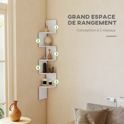 Zigzag Shaped Wall Corner Shelf Storage Unit 20L x 20W x 126H cm 5 Levels White Wood