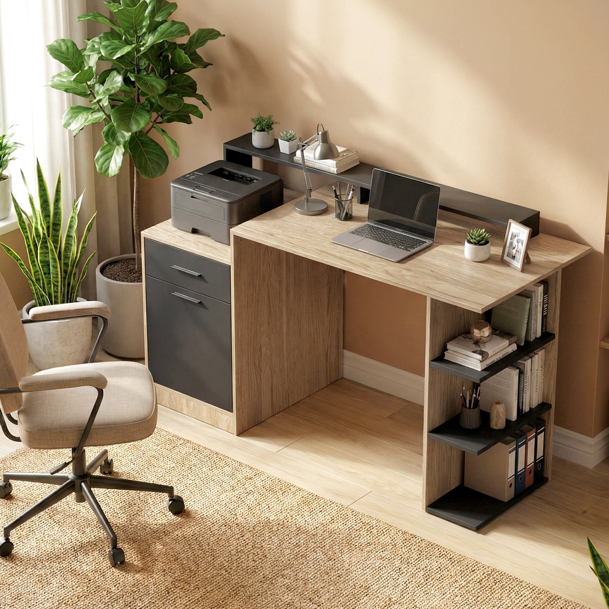 140x60 cm Computer Desk with Drawers, Headphone Hook, Cabinet & Shelves — Oak/Black