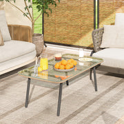Outdoor Garden Coffee Table in Woven Resin with 5mm Tempered Glass Top, Side Table for Outdoor, Garden, Patio, Terrace, Balcony, Steel Frame 110 x 60 x 40 cm, Natural Wood Effect