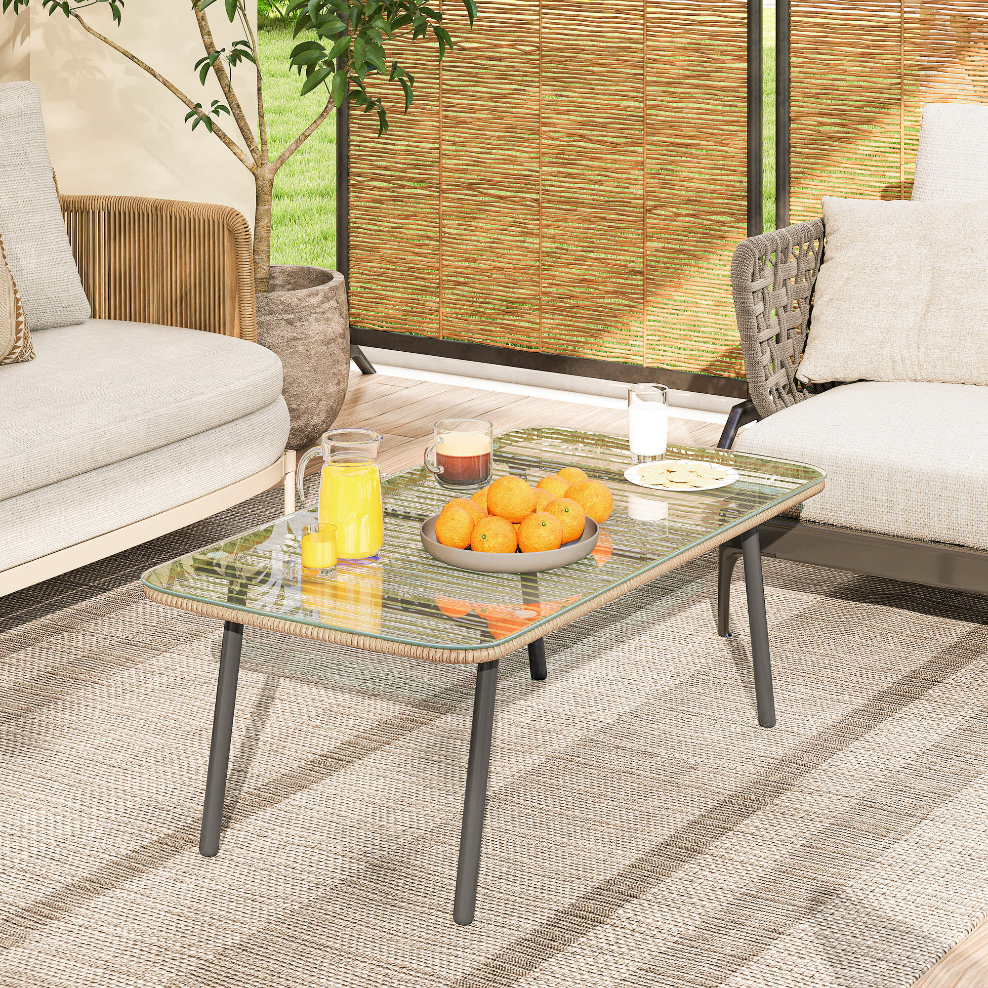 Outdoor Garden Coffee Table in Woven Resin with 5mm Tempered Glass Top, Side Table for Outdoor, Garden, Patio, Terrace, Balcony, Steel Frame 110 x 60 x 40 cm, Natural Wood Effect