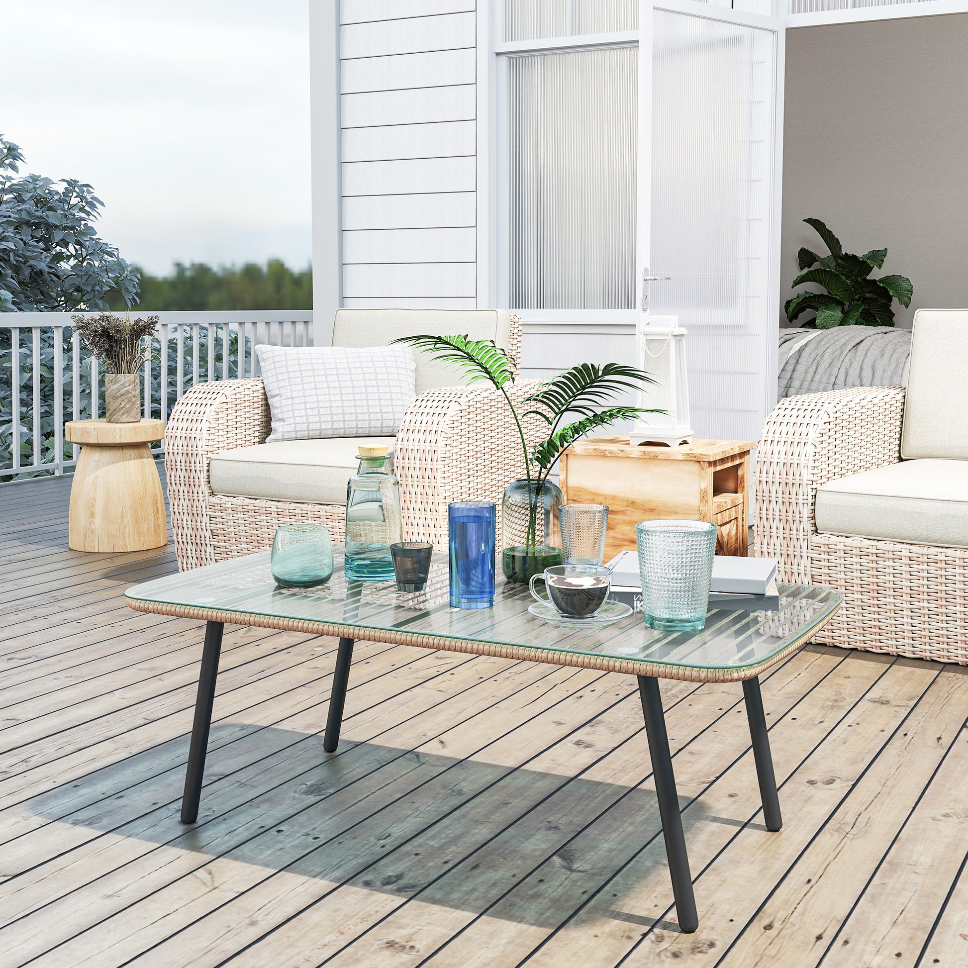 Outdoor Garden Coffee Table in Woven Resin with 5mm Tempered Glass Top, Side Table for Outdoor, Garden, Patio, Terrace, Balcony, Steel Frame 110 x 60 x 40 cm, Natural Wood Effect