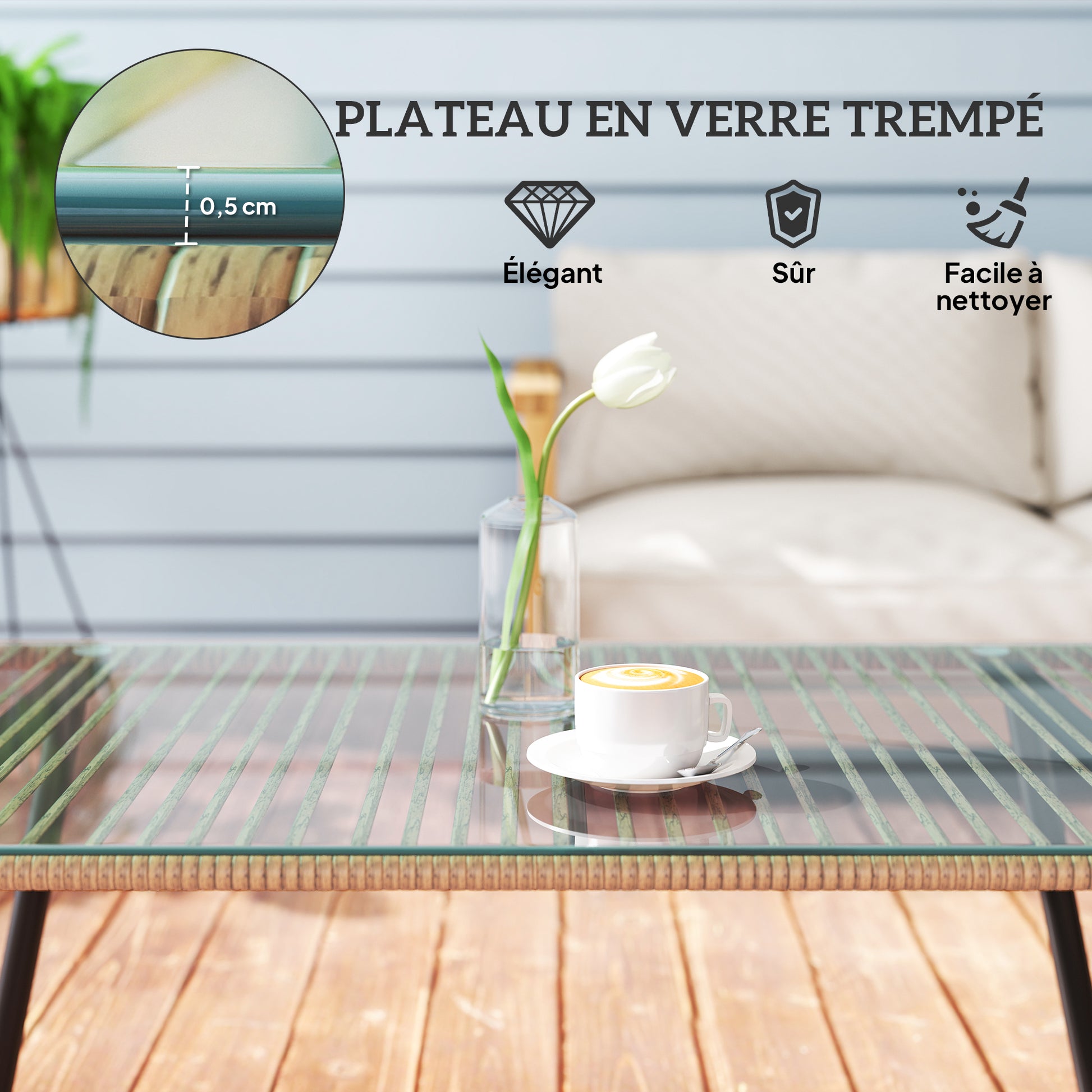 Outdoor Garden Coffee Table in Woven Resin with 5mm Tempered Glass Top, Side Table for Outdoor, Garden, Patio, Terrace, Balcony, Steel Frame 110 x 60 x 40 cm, Natural Wood Effect