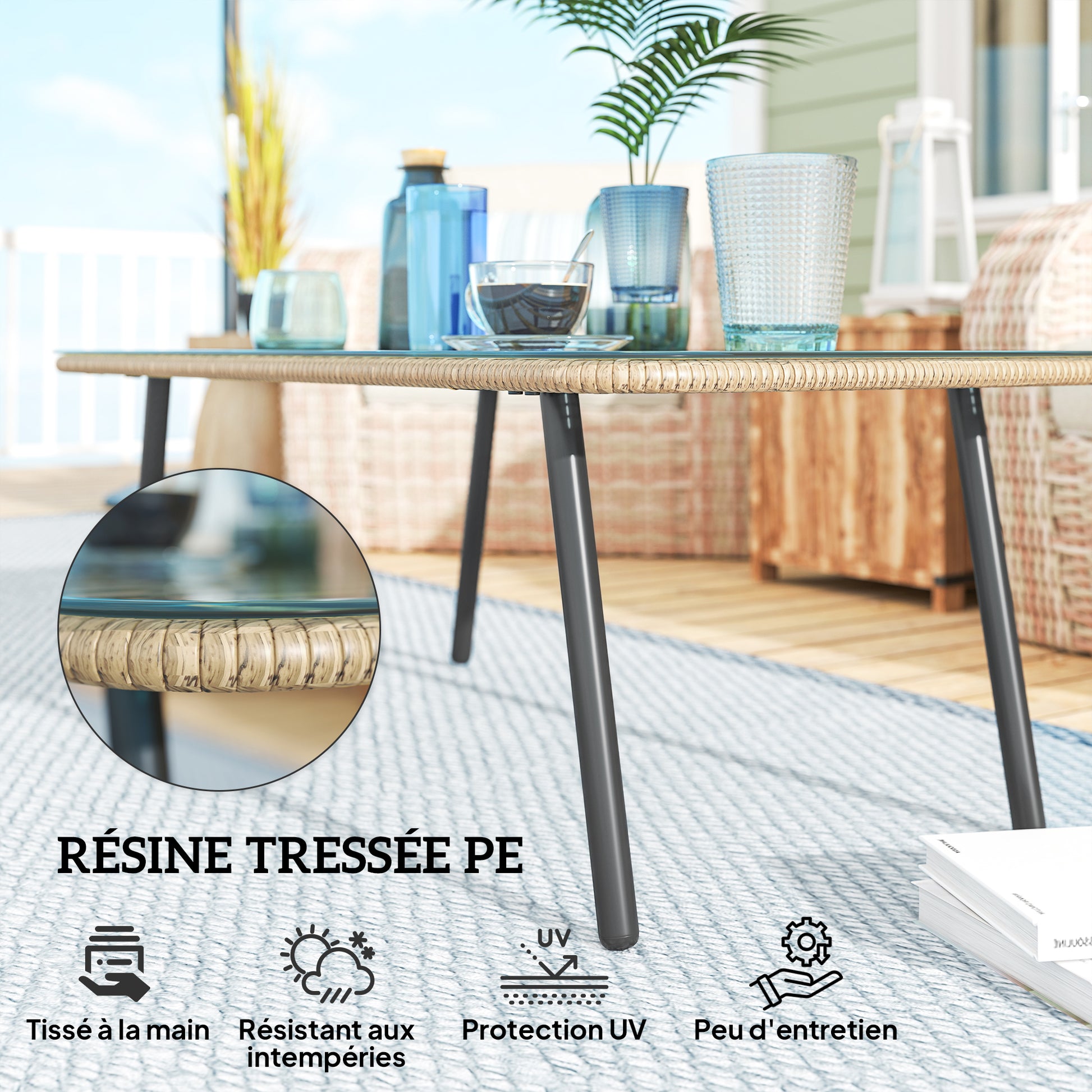 Outdoor Garden Coffee Table in Woven Resin with 5mm Tempered Glass Top, Side Table for Outdoor, Garden, Patio, Terrace, Balcony, Steel Frame 110 x 60 x 40 cm, Natural Wood Effect