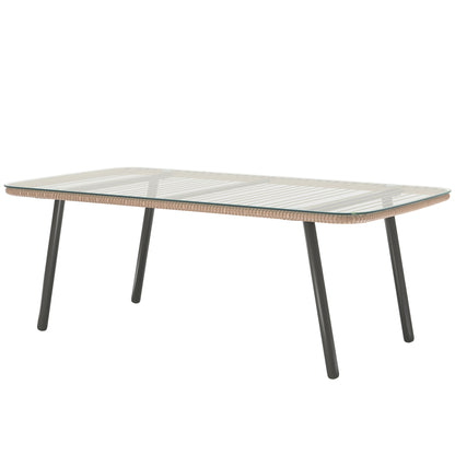 Outdoor Garden Coffee Table in Woven Resin with 5mm Tempered Glass Top, Side Table for Outdoor, Garden, Patio, Terrace, Balcony, Steel Frame 110 x 60 x 40 cm, Natural Wood Effect