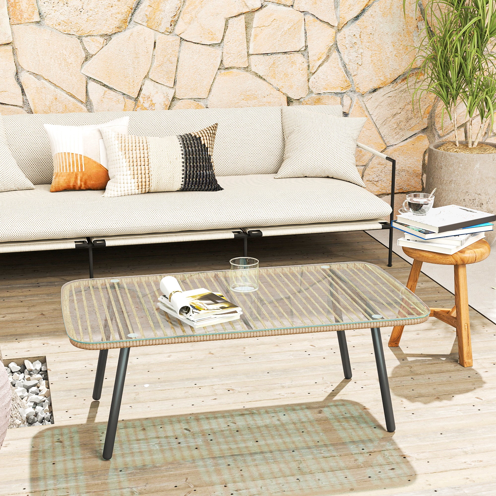 Outdoor Garden Coffee Table in Woven Resin with 5mm Tempered Glass Top, Side Table for Outdoor, Garden, Patio, Terrace, Balcony, Steel Frame 110 x 60 x 40 cm, Natural Wood Effect