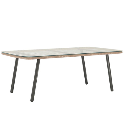 Outdoor Garden Coffee Table in Woven Resin with 5mm Tempered Glass Top, Side Table for Outdoor, Garden, Patio, Terrace, Balcony, Steel Frame 110 x 60 x 40 cm, Natural Wood Effect