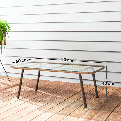 Outdoor Garden Coffee Table in Woven Resin with 5mm Tempered Glass Top, Side Table for Outdoor, Garden, Patio, Terrace, Balcony, Steel Frame 110 x 60 x 40 cm, Natural Wood Effect
