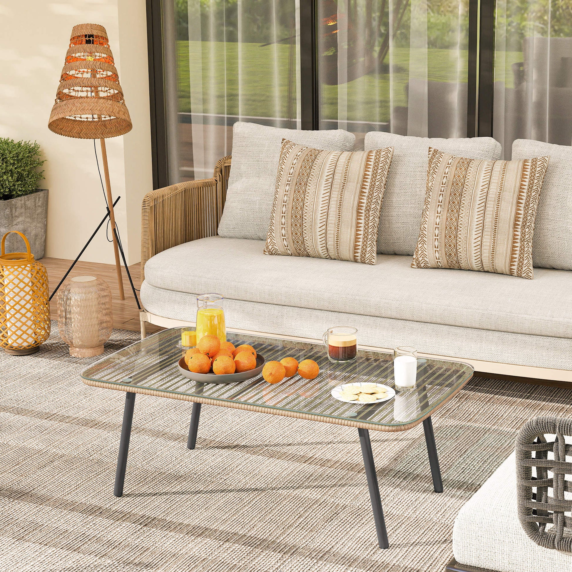 Outdoor Garden Coffee Table in Woven Resin with 5mm Tempered Glass Top, Side Table for Outdoor, Garden, Patio, Terrace, Balcony, Steel Frame 110 x 60 x 40 cm, Natural Wood Effect