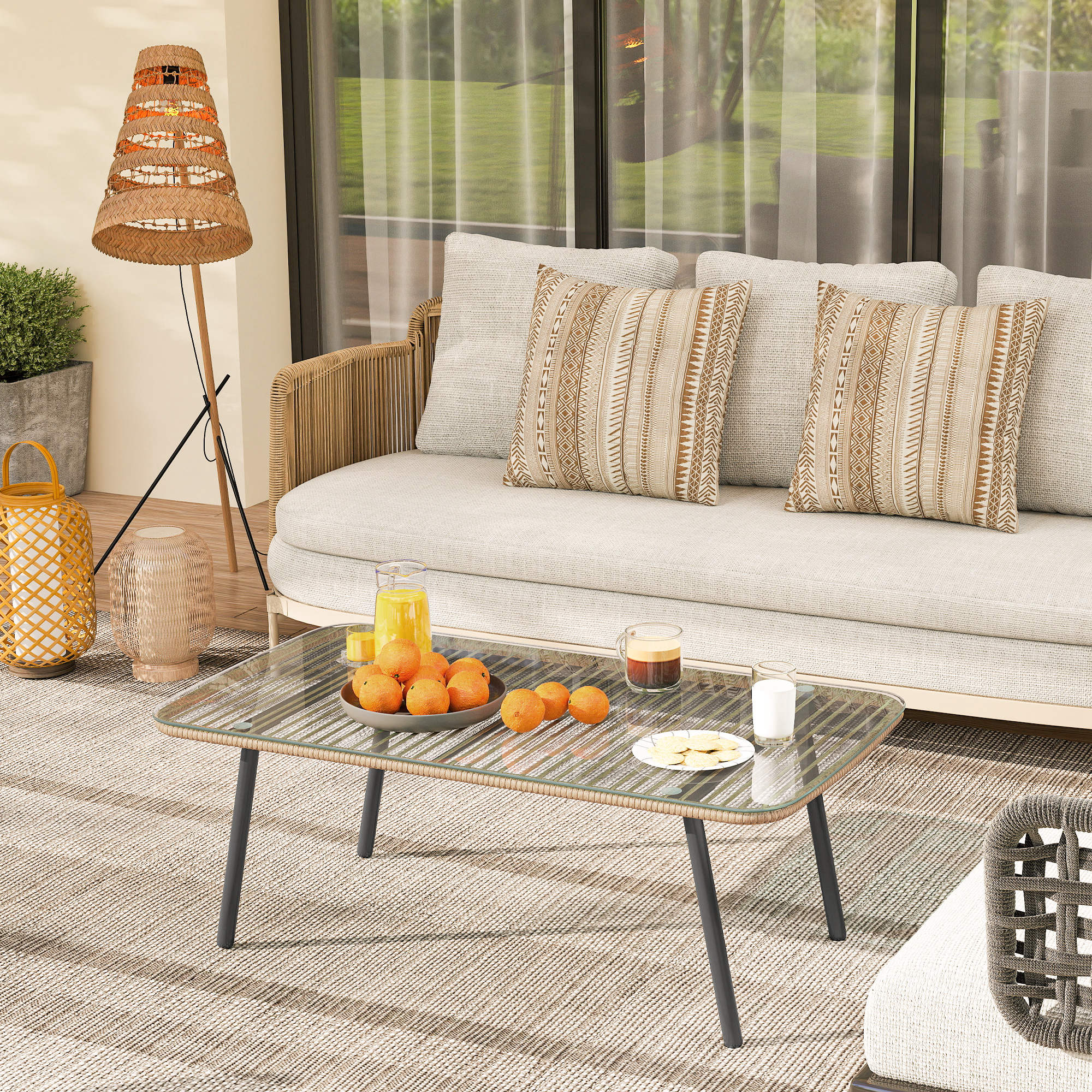 Outdoor Garden Coffee Table in Woven Resin with 5mm Tempered Glass Top, Side Table for Outdoor, Garden, Patio, Terrace, Balcony, Steel Frame 110 x 60 x 40 cm, Natural Wood Effect