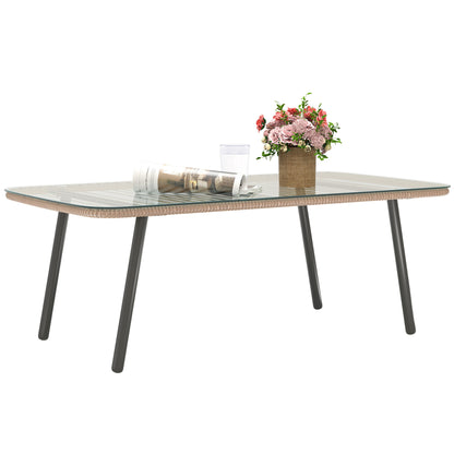 Outdoor Garden Coffee Table in Woven Resin with 5mm Tempered Glass Top, Side Table for Outdoor, Garden, Patio, Terrace, Balcony, Steel Frame 110 x 60 x 40 cm, Natural Wood Effect