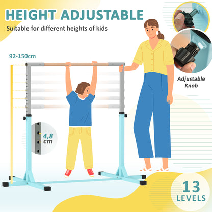 Adjustable Kids Gym Bar – 13 Heights (36–59 in), Beech Wood Bar & Steel Frame, Anti-Slip, Cyan