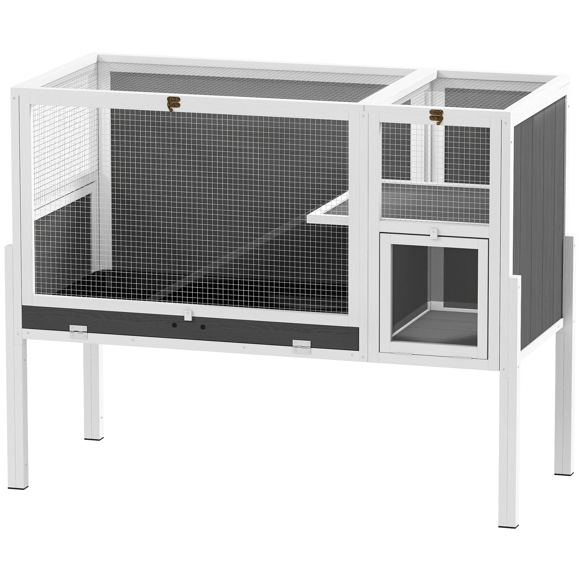 Convertible Wooden Rabbit Hutch with Ramp, 120 x 53 x 93 cm (47.2 x 20.9 x 36.6 in) – Indoor Small Pet Hutch with Nesting Area, Removable Tray, White & Gray