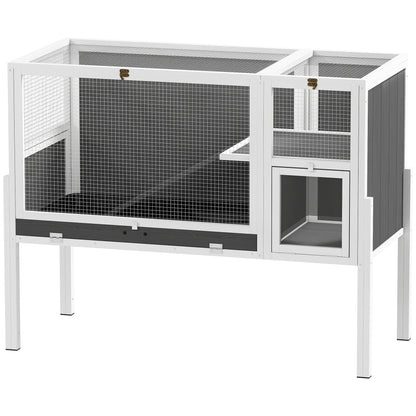 Convertible Wooden Rabbit Hutch with Ramp, 120 x 53 x 93 cm (47.2 x 20.9 x 36.6 in) – Indoor Small Pet Hutch with Nesting Area, Removable Tray, White & Gray