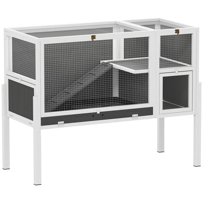 Convertible Wooden Rabbit Hutch with Ramp, 120 x 53 x 93 cm (47.2 x 20.9 x 36.6 in) – Indoor Small Pet Hutch with Nesting Area, Removable Tray, White & Gray
