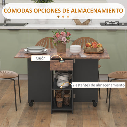 Folding Dining Table Kitchen Table with Wheels Foldable Wings Drawer and Shelves for 2-4 People 120x72x75 cm Rustic Brown and Black
