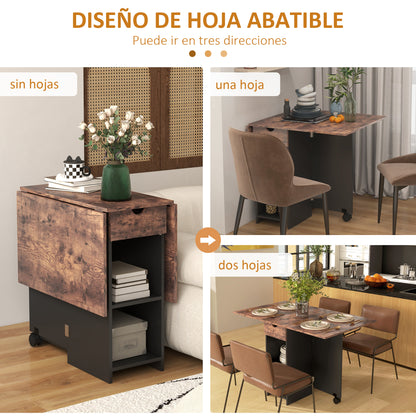 Folding Dining Table Kitchen Table with Wheels Foldable Wings Drawer and Shelves for 2-4 People 120x72x75 cm Rustic Brown and Black
