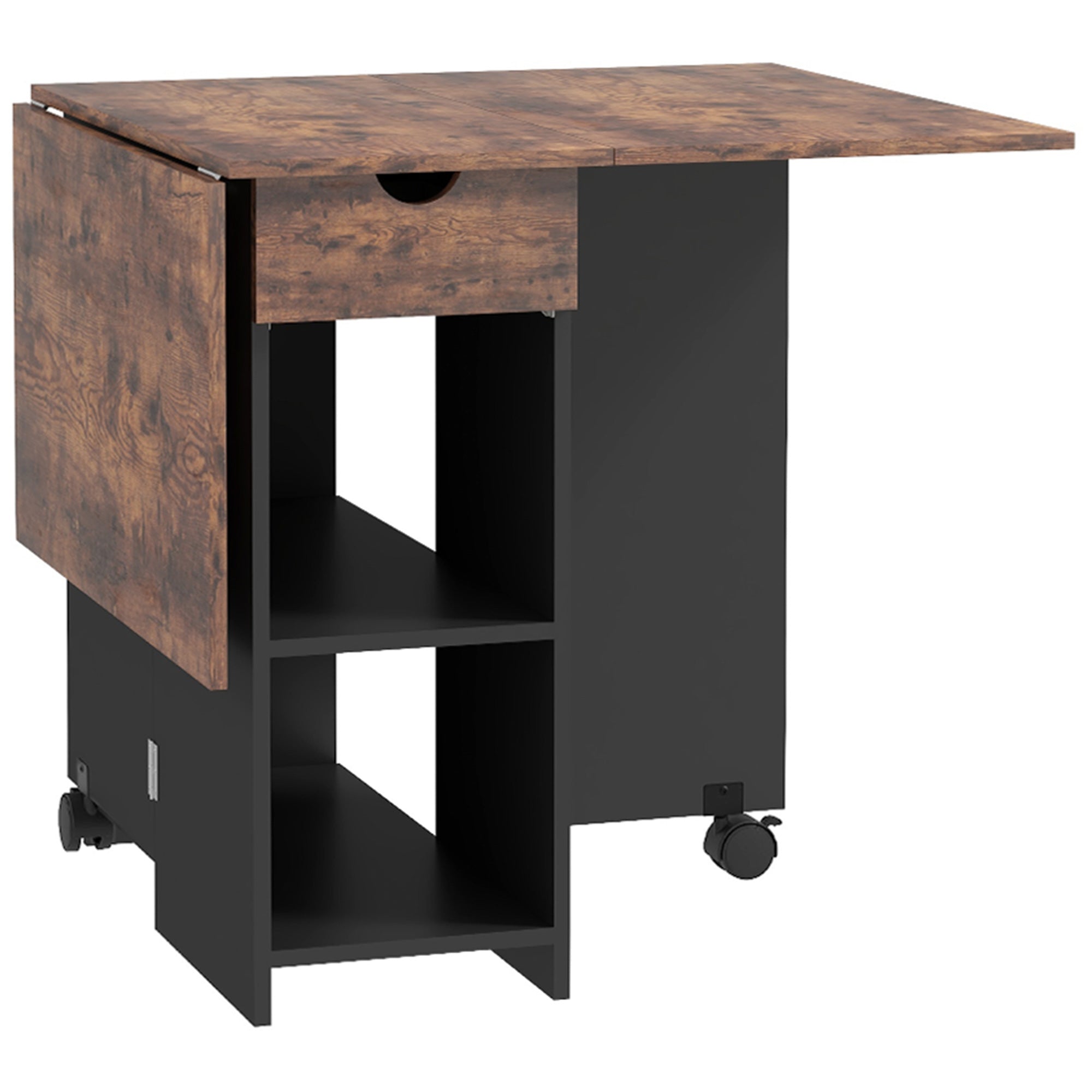 Folding Dining Table Kitchen Table with Wheels Foldable Wings Drawer and Shelves for 2-4 People 120x72x75 cm Rustic Brown and Black