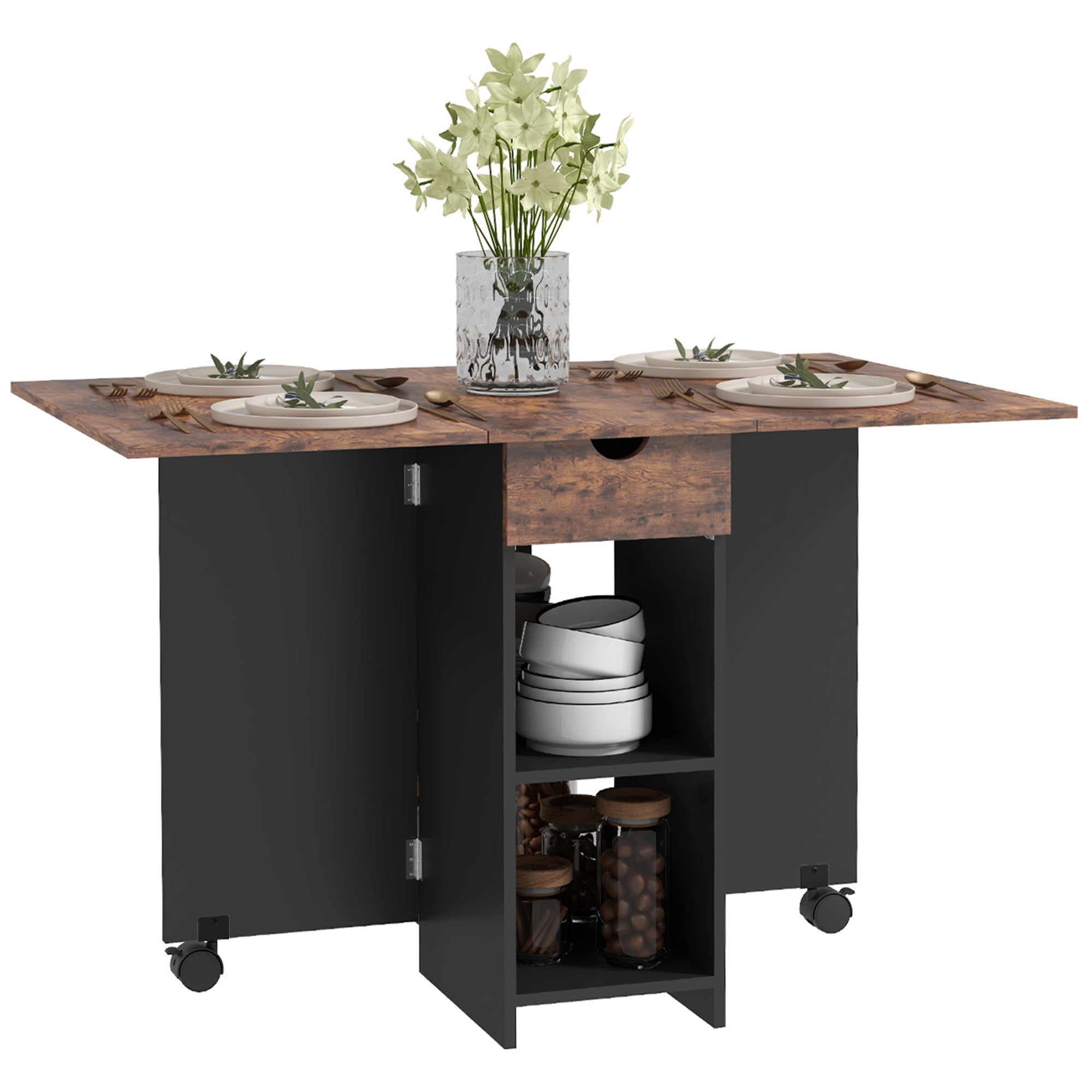 Folding Dining Table Kitchen Table with Wheels Foldable Wings Drawer and Shelves for 2-4 People 120x72x75 cm Rustic Brown and Black