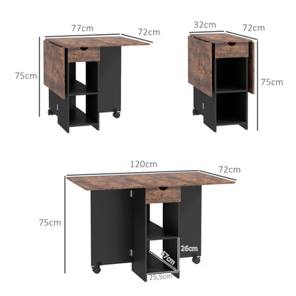 Folding Dining Table Kitchen Table with Wheels Foldable Wings Drawer and Shelves for 2-4 People 120x72x75 cm Rustic Brown and Black