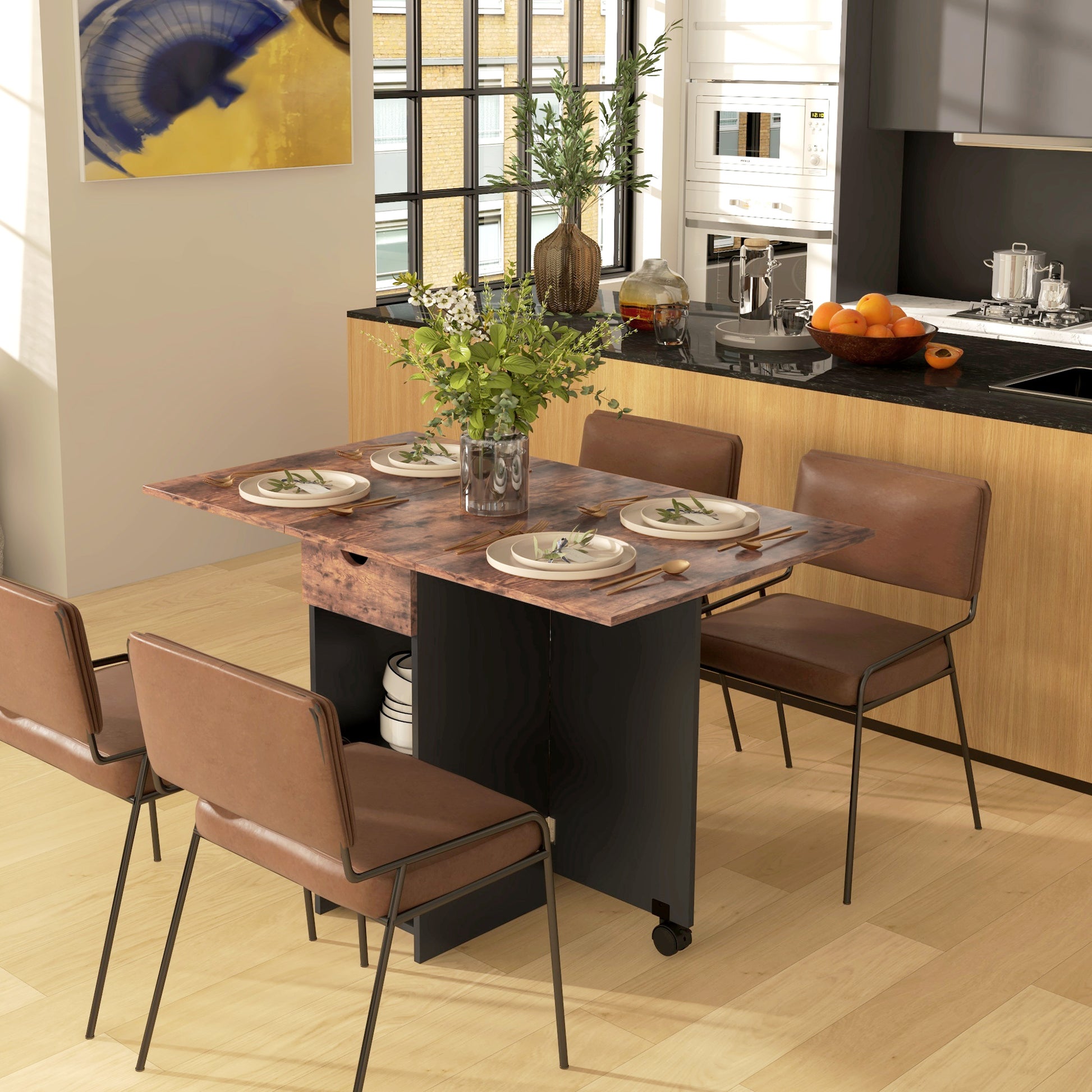 Folding Dining Table Kitchen Table with Wheels Foldable Wings Drawer and Shelves for 2-4 People 120x72x75 cm Rustic Brown and Black