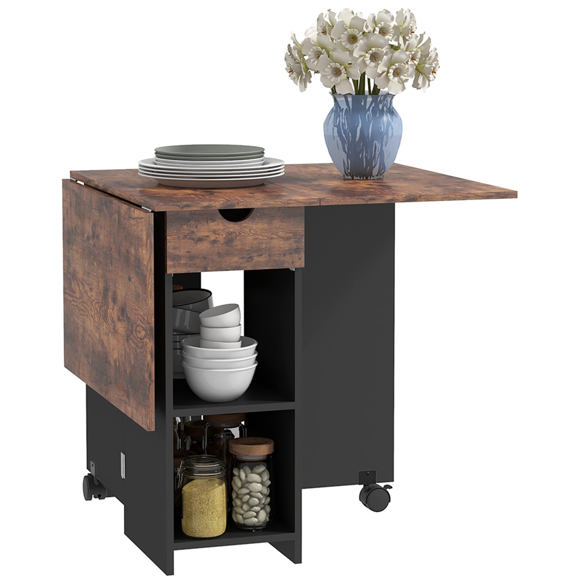 Folding Dining Table Kitchen Table with Wheels Foldable Wings Drawer and Shelves for 2-4 People 120x72x75 cm Rustic Brown and Black