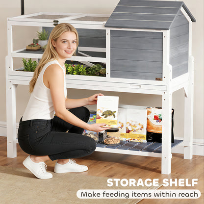 Wooden Turtle House – Elevated Reptile Terrarium with Adjustable Lamp Mount, Hinged Tops, Removable Tray & Storage Shelf