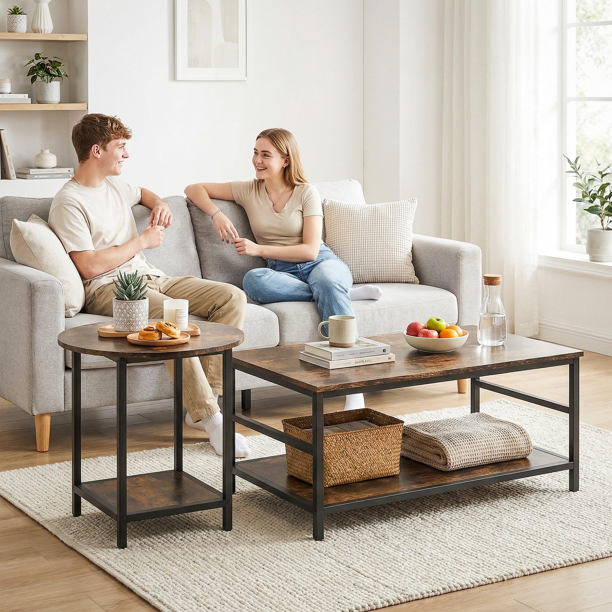 2-Piece Coffee & Side Table Set with Shelves, Modern Rustic Brown Living Room Tables with Black Steel Frame