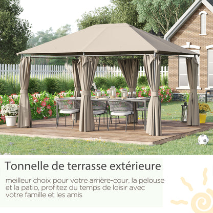 Garden Pavilion Gazebo Colonial Style Double Roof Removable Side Curtains 4L x 3W x 2.72H m khaki