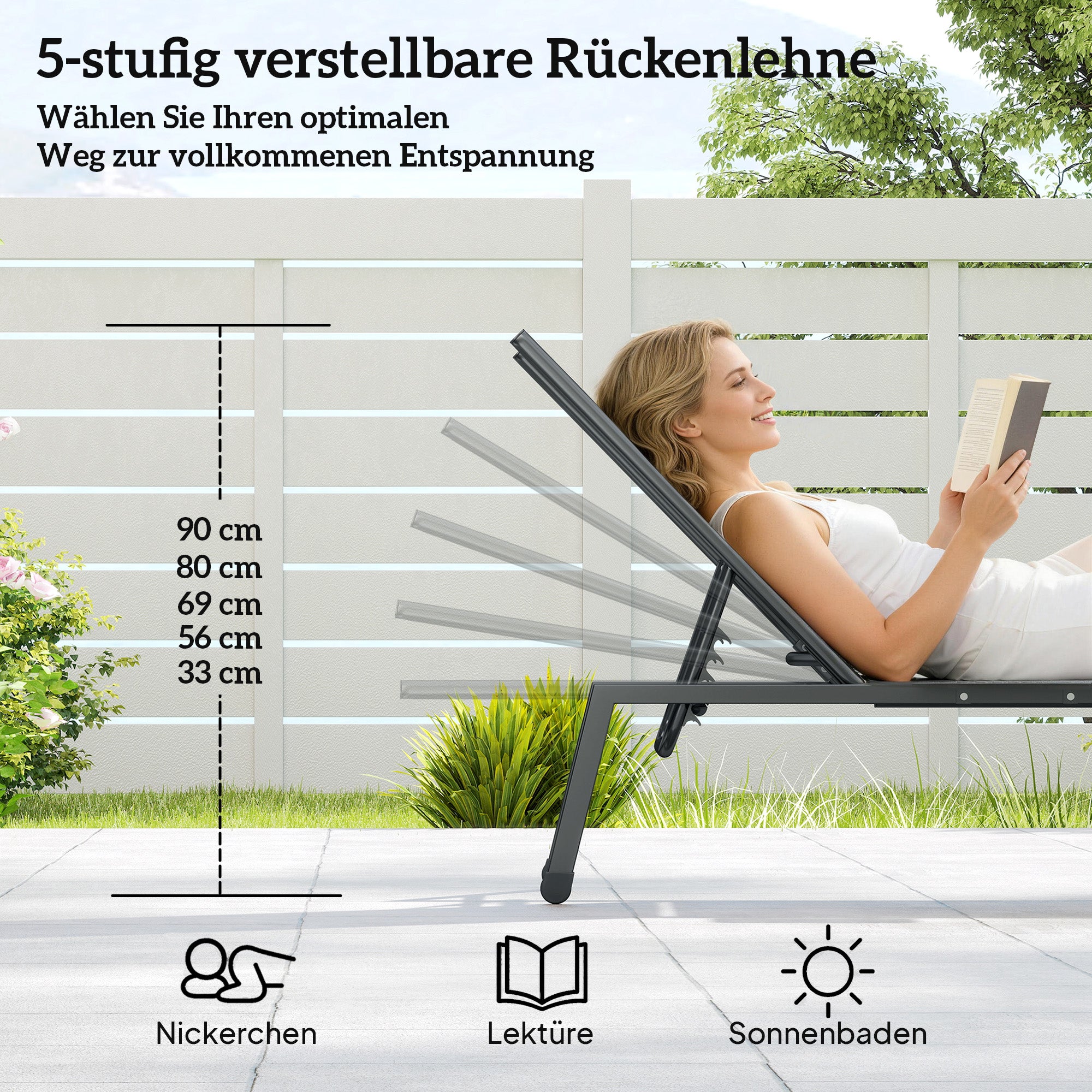 2-Piece Adjustable Sun Lounger Set with 5-Position Backrests, Side Tables & Wheels — Slip-Resistant Feet, Up to 265 lb, Outdoor Chaise for Pool & Beach, Gray
