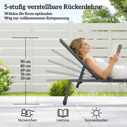 2-Piece Adjustable Sun Lounger Set with 5-Position Backrests, Side Tables & Wheels — Slip-Resistant Feet, Up to 265 lb, Outdoor Chaise for Pool & Beach, Gray