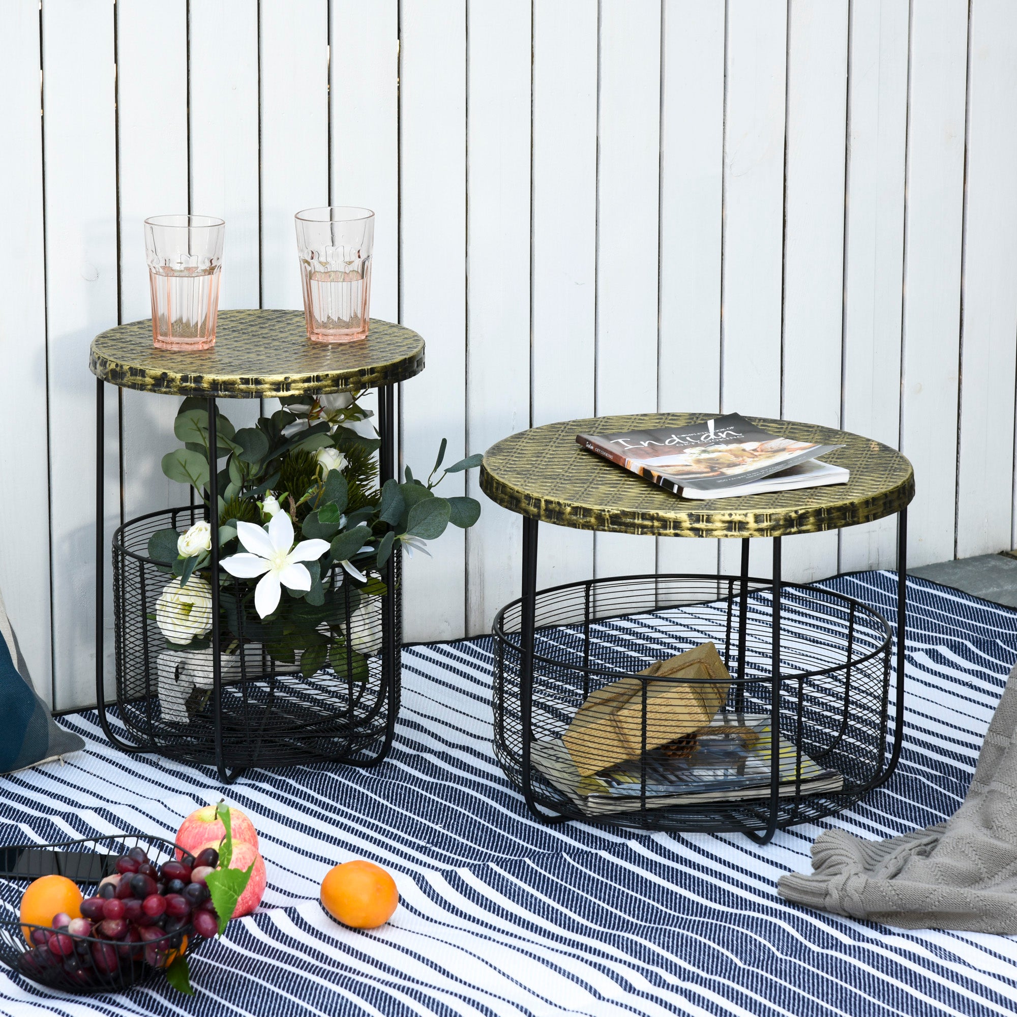 Set of 2 Metal Garden Tables with Baskets, Industrial Style Outdoor Decor Black