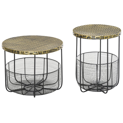 Set of 2 Metal Garden Tables with Baskets, Industrial Style Outdoor Decor Black
