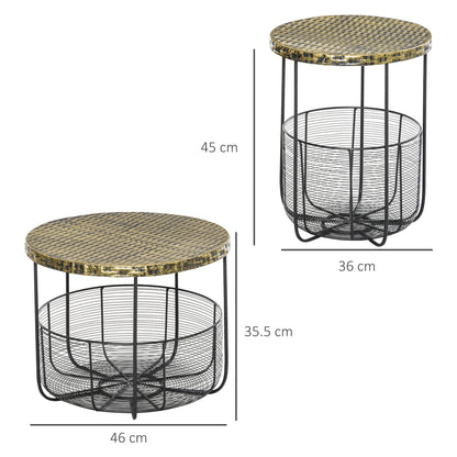 Set of 2 Metal Garden Tables with Baskets, Industrial Style Outdoor Decor Black