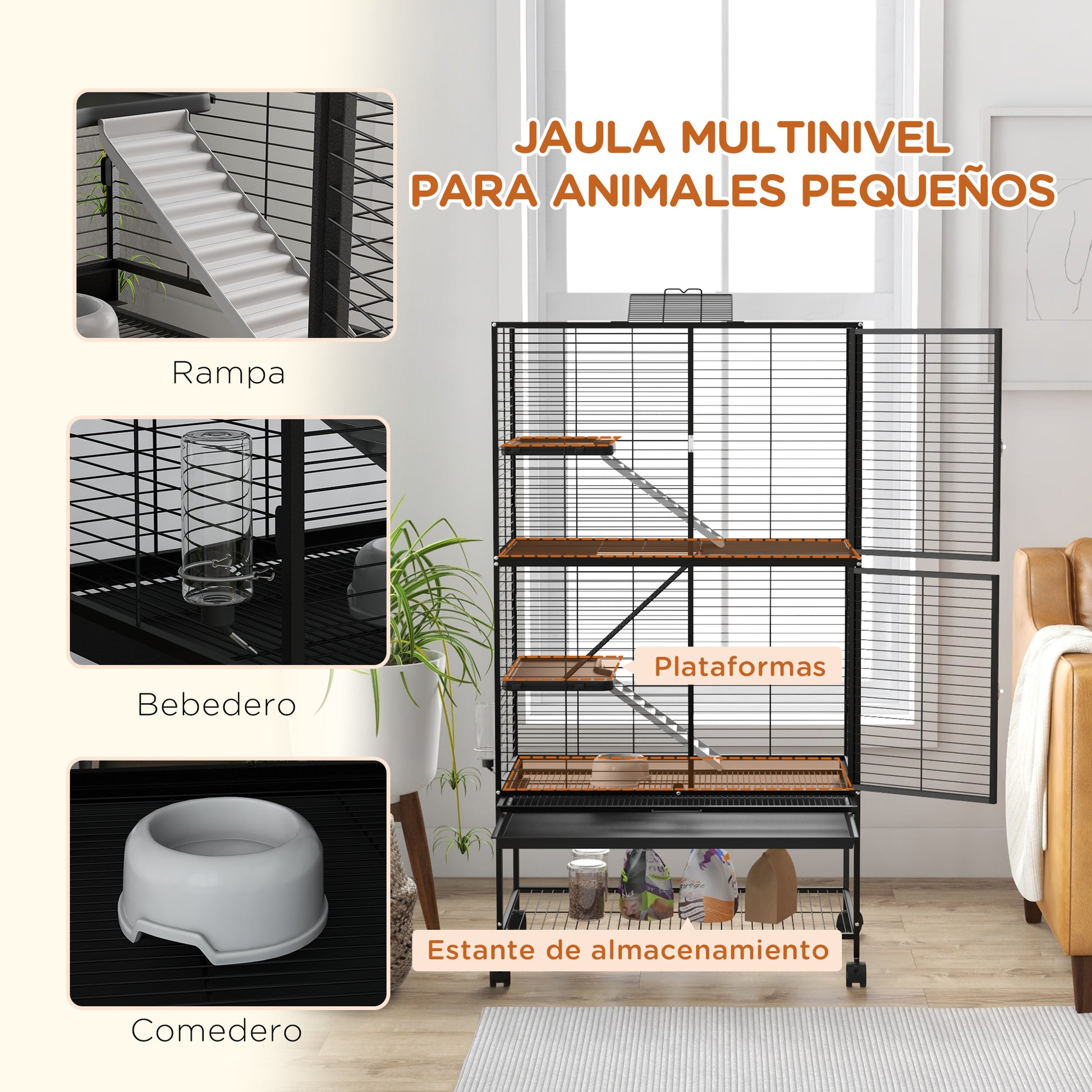 4-Level Small Animal Cage Rodent Cage with Wheels Ramp Water Bottle and Removable Tray Enclosure for Rabbits Chinchillas Ferrets 78x45.5x136 cm Black
