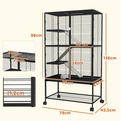 4-Level Small Animal Cage Rodent Cage with Wheels Ramp Water Bottle and Removable Tray Enclosure for Rabbits Chinchillas Ferrets 78x45.5x136 cm Black