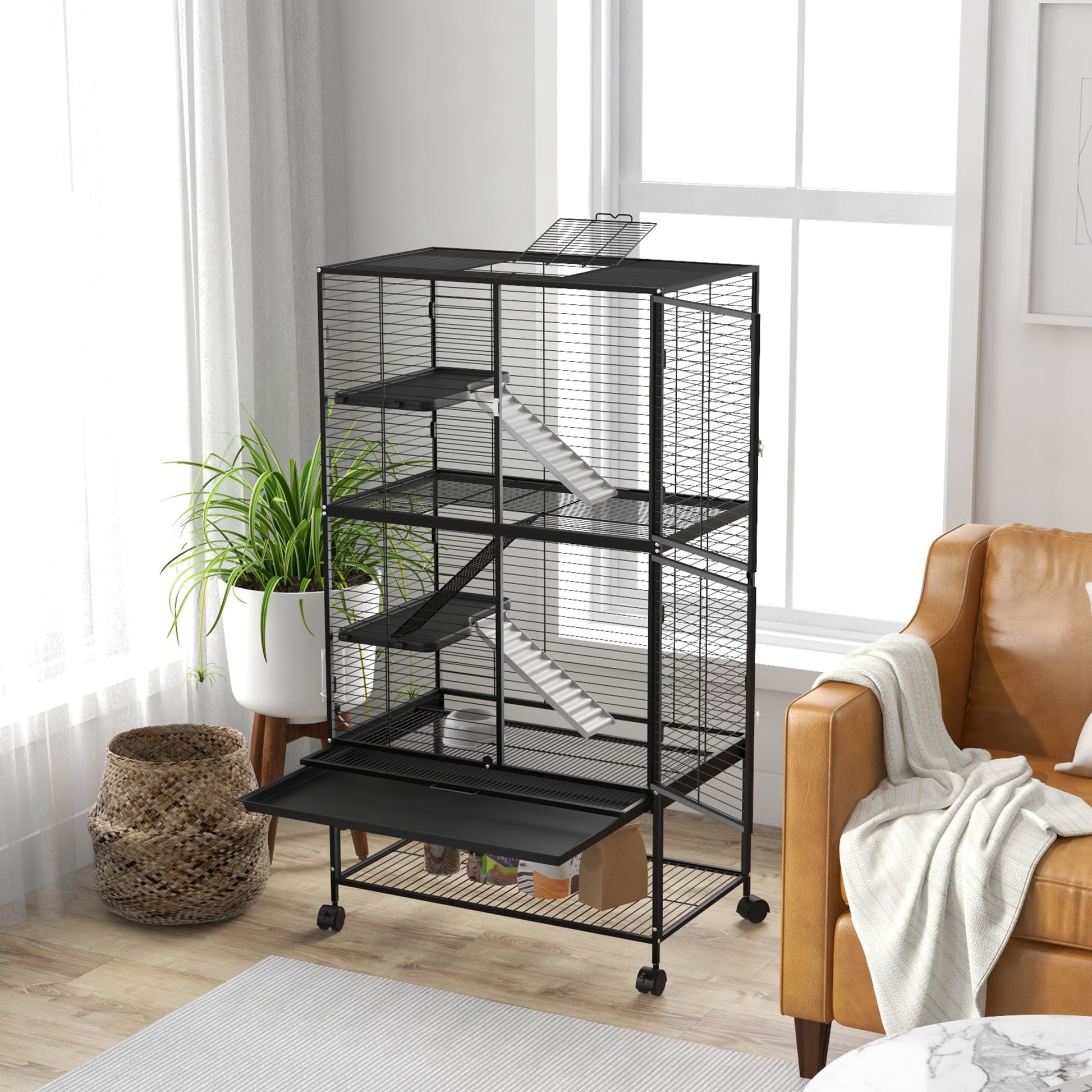 4-Level Small Animal Cage Rodent Cage with Wheels Ramp Water Bottle and Removable Tray Enclosure for Rabbits Chinchillas Ferrets 78x45.5x136 cm Black
