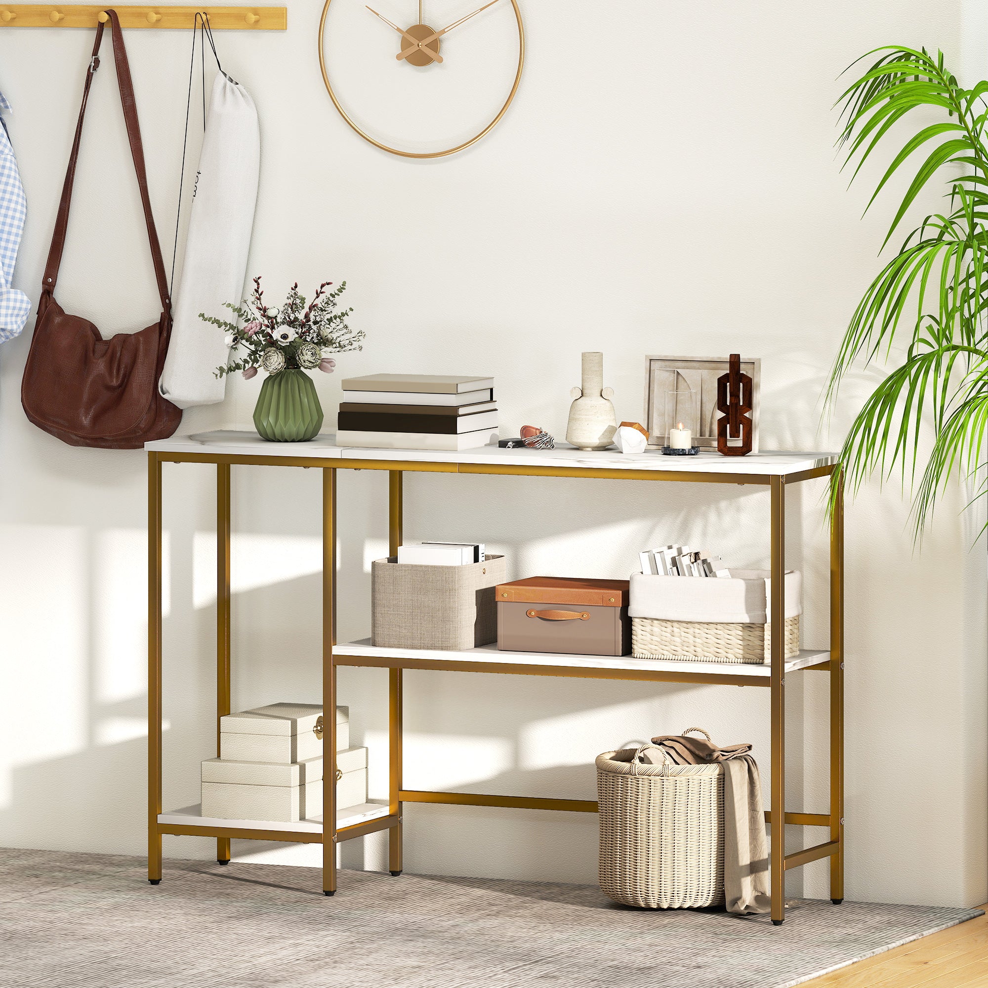 Console Table 47.2 in, 3-Tier Console with Shelves, Marble-Effect Tops, Metal Frame, Entryway & Hall Table, White/Gold