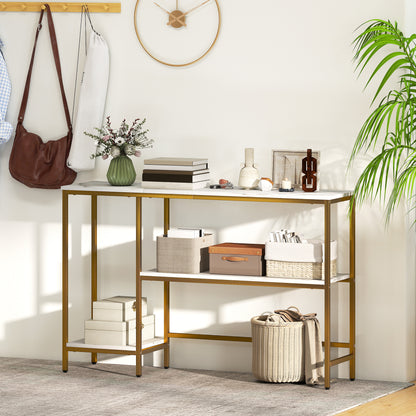 Console Table 47.2 in, 3-Tier Console with Shelves, Marble-Effect Tops, Metal Frame, Entryway & Hall Table, White/Gold