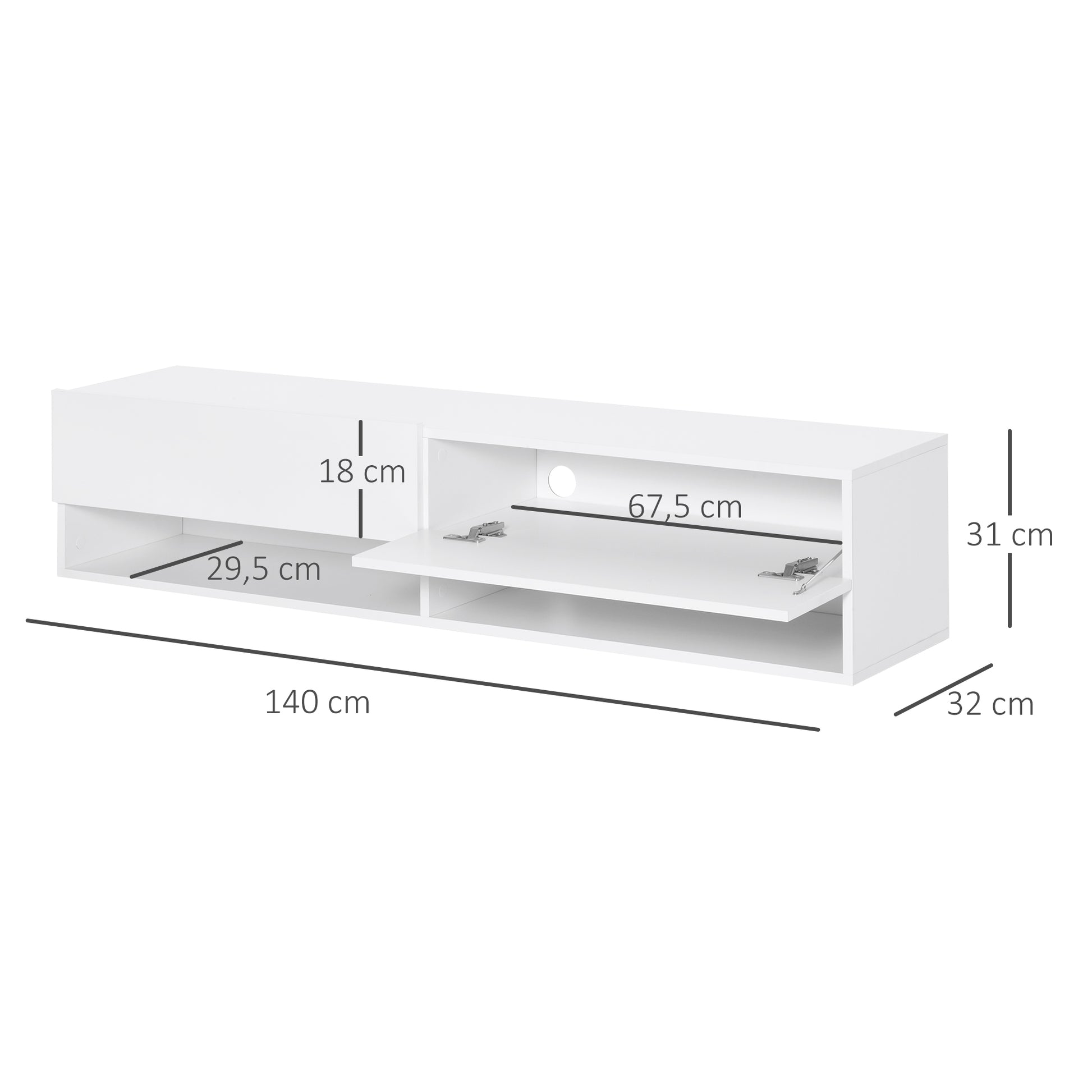 Wall Mounted TV Stand TV Cabinet for Living Room with 2 Compartments and 2 Cabinets with Flip Doors TV Stand for 60-inch Television 140x32x31 cm White