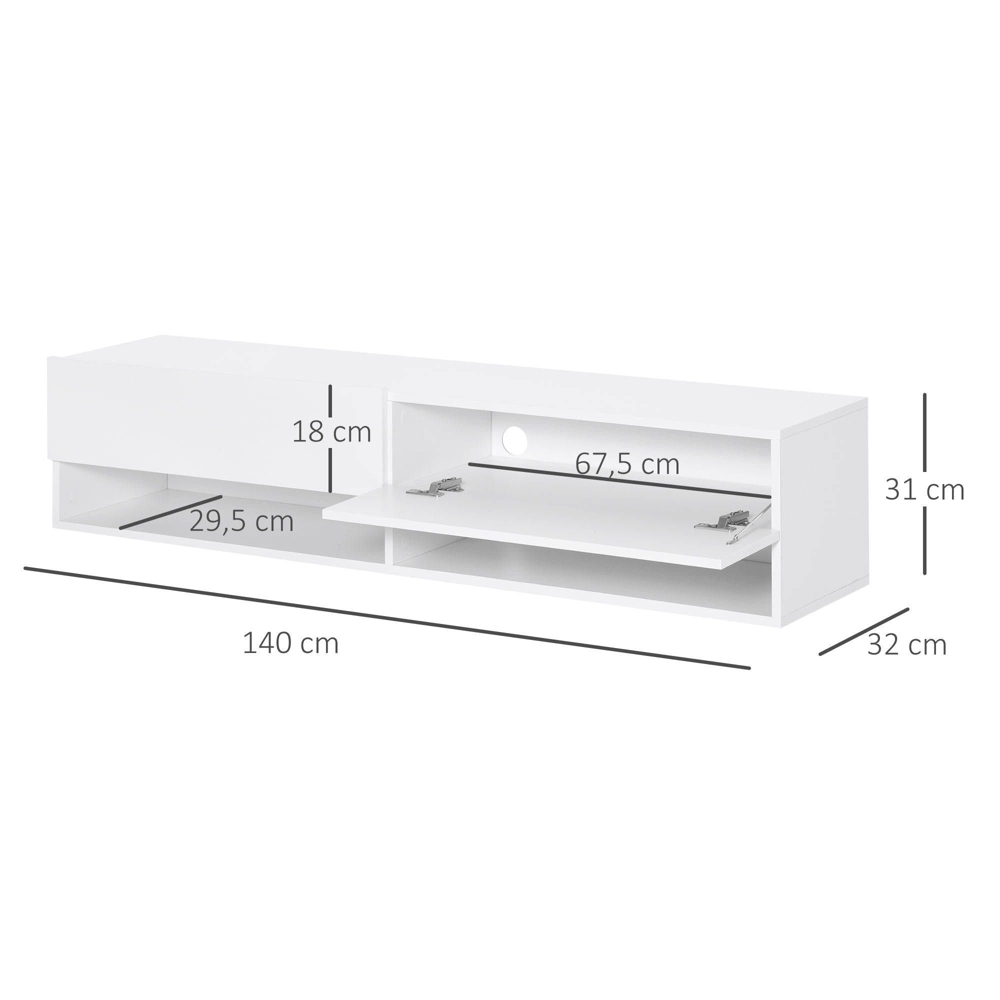 Wall Mounted TV Stand TV Cabinet for Living Room with 2 Compartments and 2 Cabinets with Flip Doors TV Stand for 60-inch Television 140x32x31 cm White