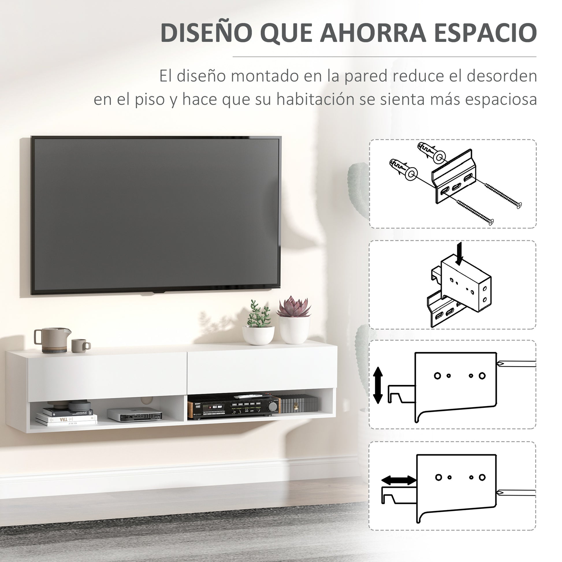 Wall Mounted TV Stand TV Cabinet for Living Room with 2 Compartments and 2 Cabinets with Flip Doors TV Stand for 60-inch Television 140x32x31 cm White