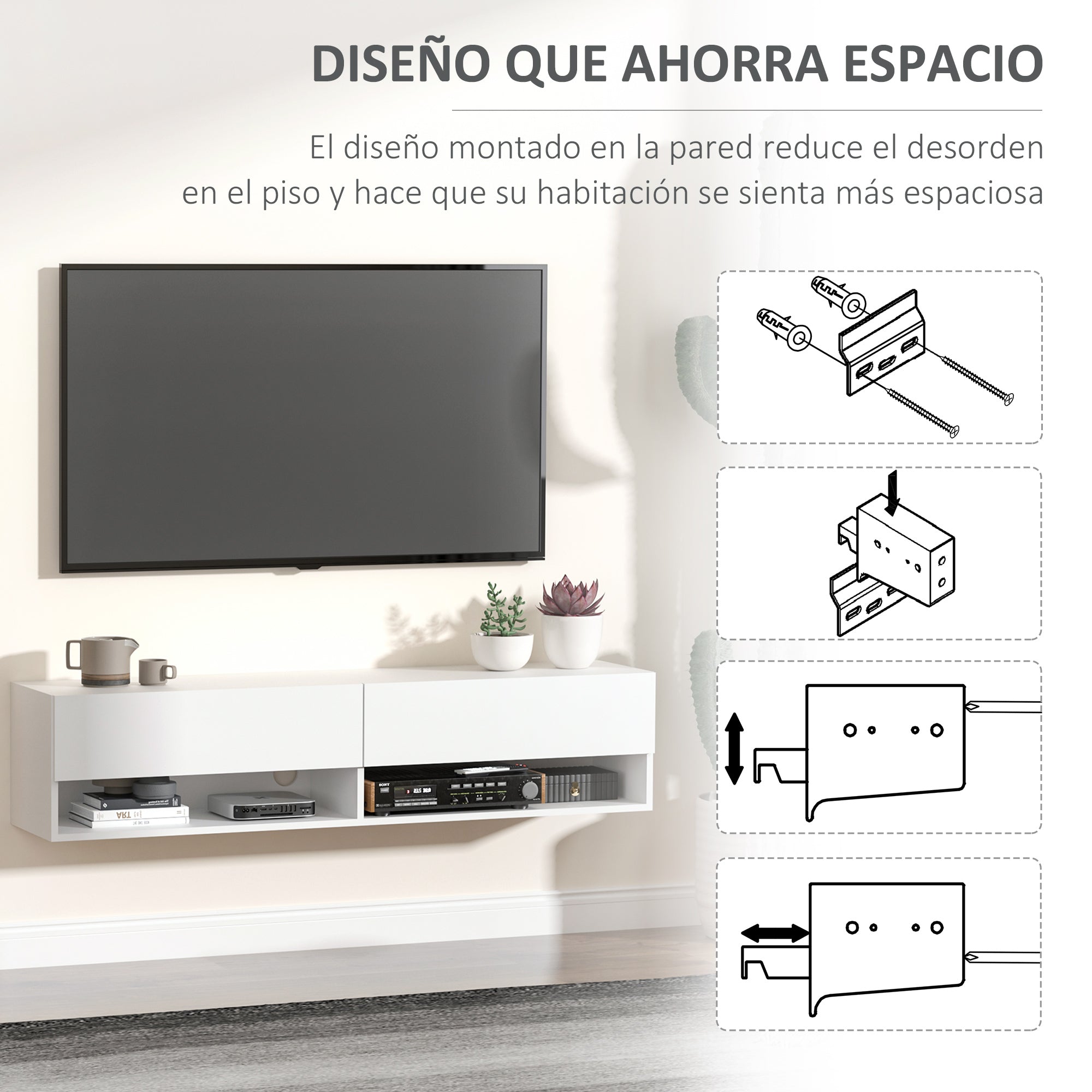 Wall Mounted TV Stand TV Cabinet for Living Room with 2 Compartments and 2 Cabinets with Flip Doors TV Stand for 60-inch Television 140x32x31 cm White