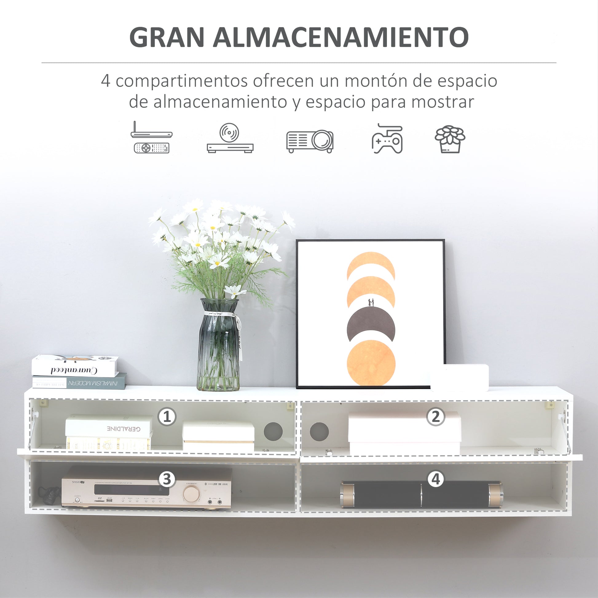 Wall Mounted TV Stand TV Cabinet for Living Room with 2 Compartments and 2 Cabinets with Flip Doors TV Stand for 60-inch Television 140x32x31 cm White