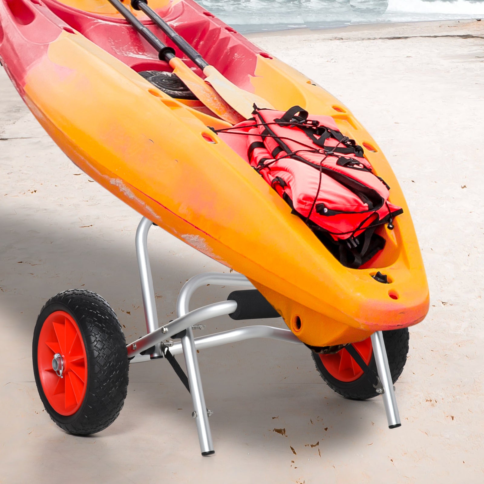 Aluminum Canoe Trolley Kayak Trolley Surf Trolley foldable with Strap Faux Leather Wheels Silver up to 75 kg 68 x 44.5 x 40 cm