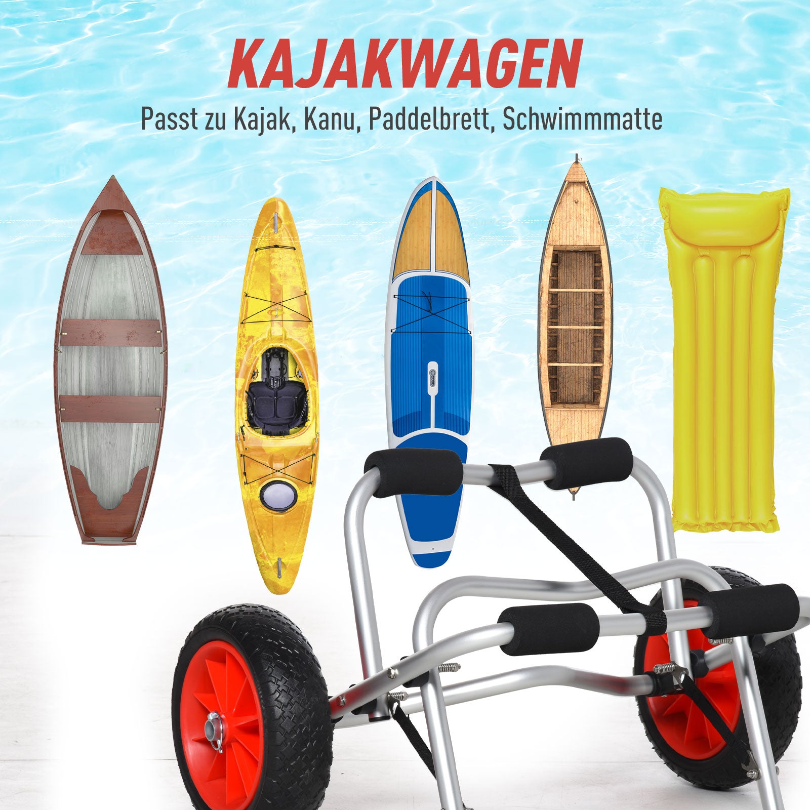 Aluminum Canoe Trolley Kayak Trolley Surf Trolley foldable with Strap Faux Leather Wheels Silver up to 75 kg 68 x 44.5 x 40 cm