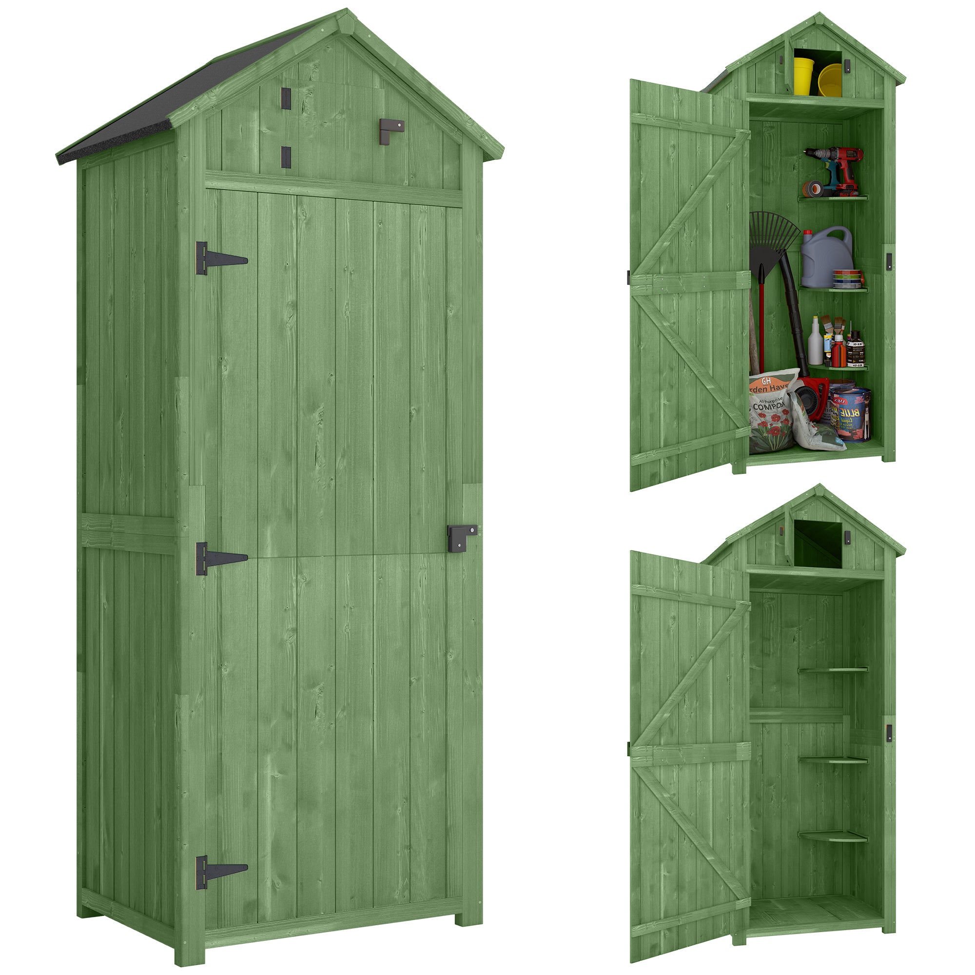 Wooden Garden Storage Shed with 3 Removable Shelves, Lockable Door, Asphalt Gable Roof & Window – 77 x 54.2 x 179 cm (Green)