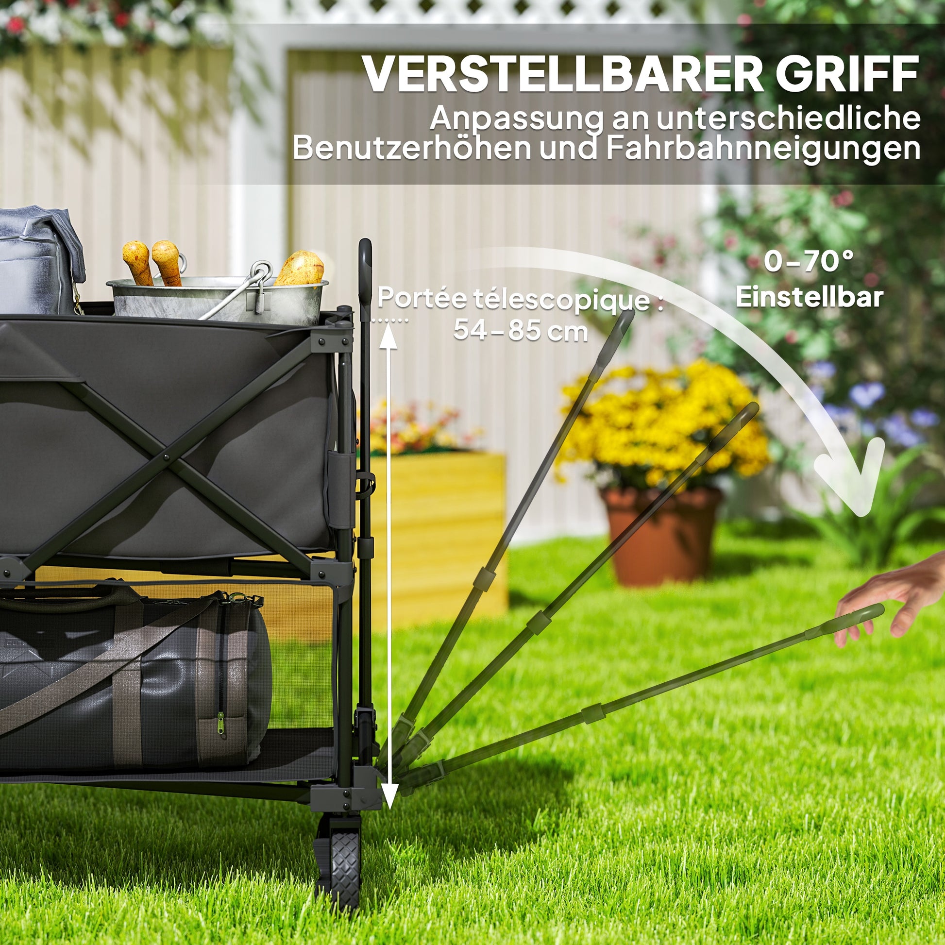 Garden Wagon 200kg Load Two-Tier Transport Wagon with Detachable Cover Handle Wheels Steering Axle Foldable Wagon Handcart Garden Cart Equipment Wagon for Home, Garden Black