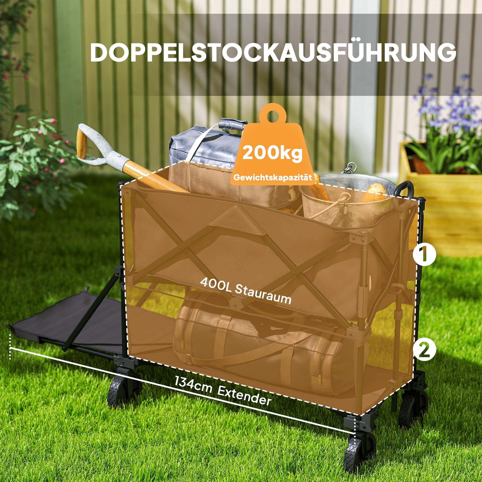 Garden Wagon 200kg Load Two-Tier Transport Wagon with Detachable Cover Handle Wheels Steering Axle Foldable Wagon Handcart Garden Cart Equipment Wagon for Home, Garden Black