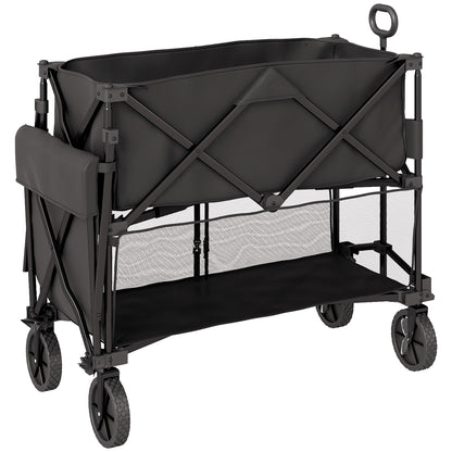 Garden Wagon 200kg Load Two-Tier Transport Wagon with Detachable Cover Handle Wheels Steering Axle Foldable Wagon Handcart Garden Cart Equipment Wagon for Home, Garden Black