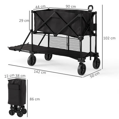 Garden Wagon 200kg Load Two-Tier Transport Wagon with Detachable Cover Handle Wheels Steering Axle Foldable Wagon Handcart Garden Cart Equipment Wagon for Home, Garden Black